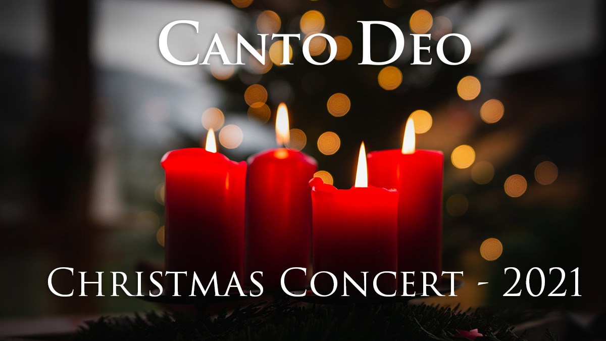 A set of advent candles burning in a green wreath with the words Canto Deo Advent Service 2021